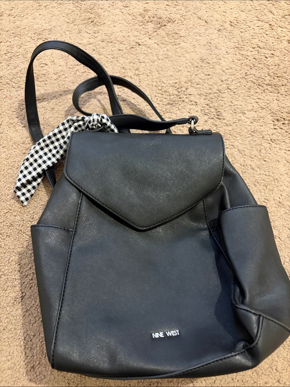 Nine West Black Faux Leather Backpack with Gingham Accent